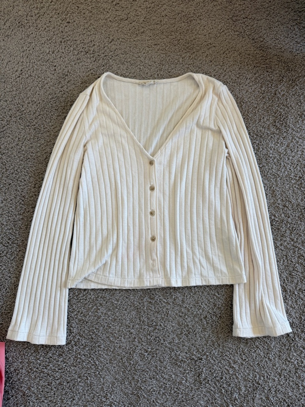 Ribbed Button-Front V-Neck Top in Cream